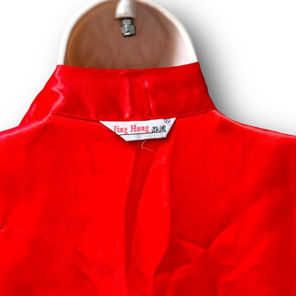 Vintage Red Satin Kimono Robe Embroidered Cranes Fans Floral Belted Long Gown - Picture 6 of 14